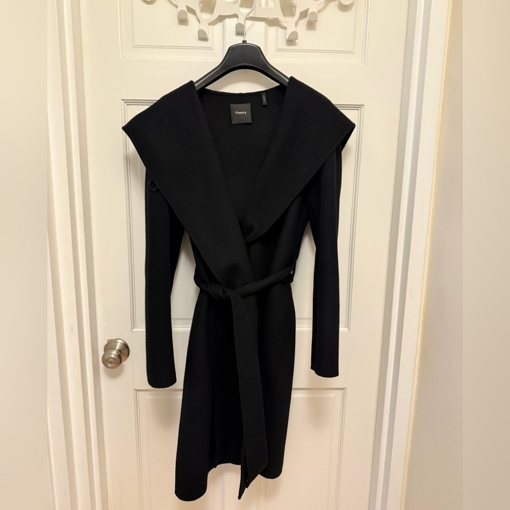 Theory Black Wool/Cashmere Blend Wrap Coat with Hood